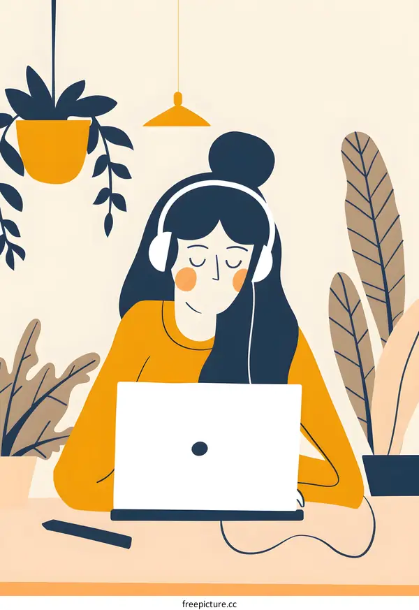 Woman Working on Laptop While Listening to Music