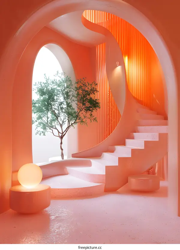 Abstract Interior Design with Pink Walls and Spiral Staircase