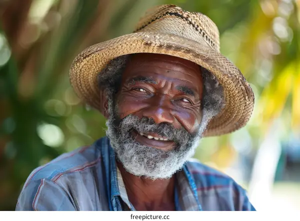Portrait of a Smiling Elderly Man Wearing a Straw Hat