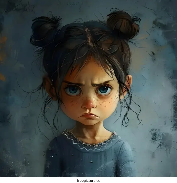 Portrait of a Little Girl with Blue Eyes and Frowning Expression
