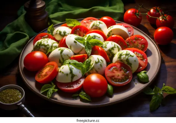 Fresh and colorful salad of tomatoes, mozzarella cheese, and basil leaves