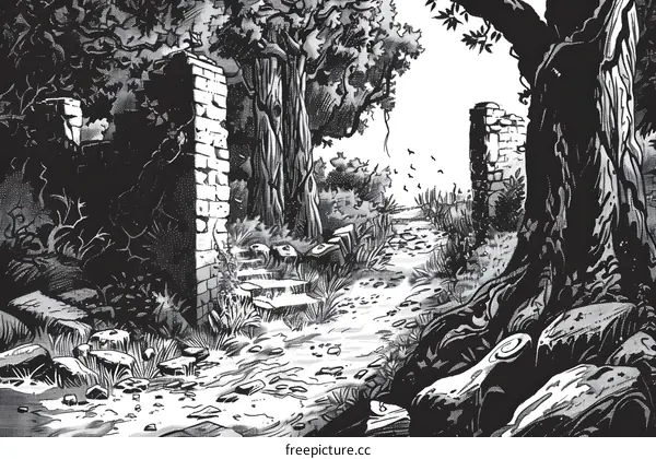 Black and White Illustration of a Stone Path Through the Forest