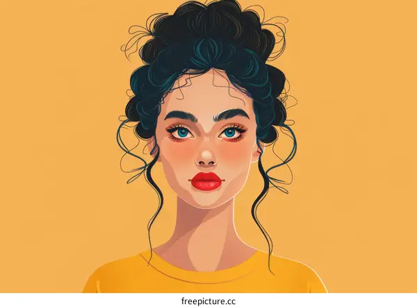 Freckled Woman in Yellow T-Shirt Portrait Illustration