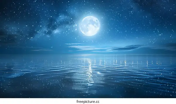 Full moon rising over a calm sea with a starry night sky