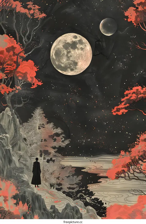 Silhouette of a Person Gazing at the Full Moon in a Night Sky with Stars