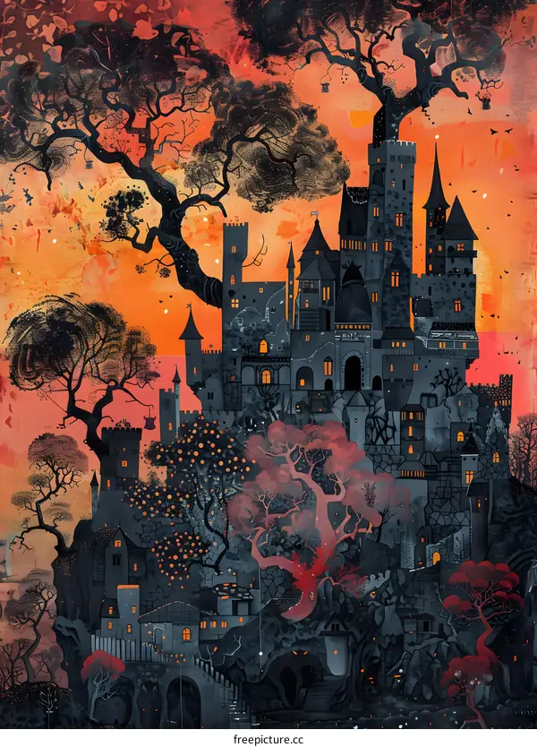 Gothic castle illustration with orange sunset