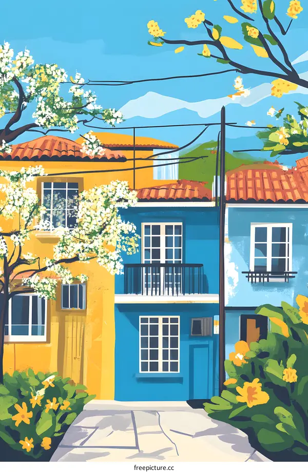 Colorful Houses with Flowers and a Balcony in Front
