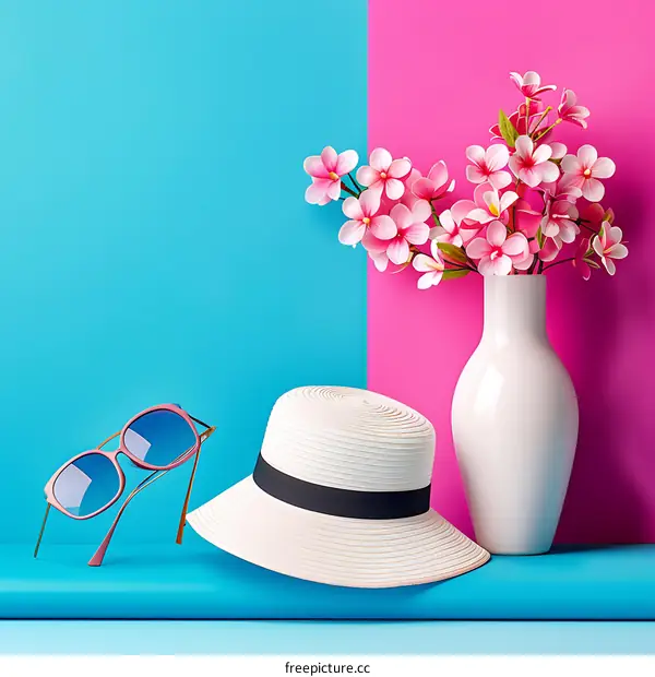 White Sunhat with Sunglasses and Pink Flowers in Vase on Blue and Pink Background