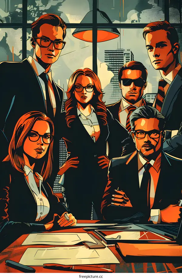 Group of business people in suits standing together in an office