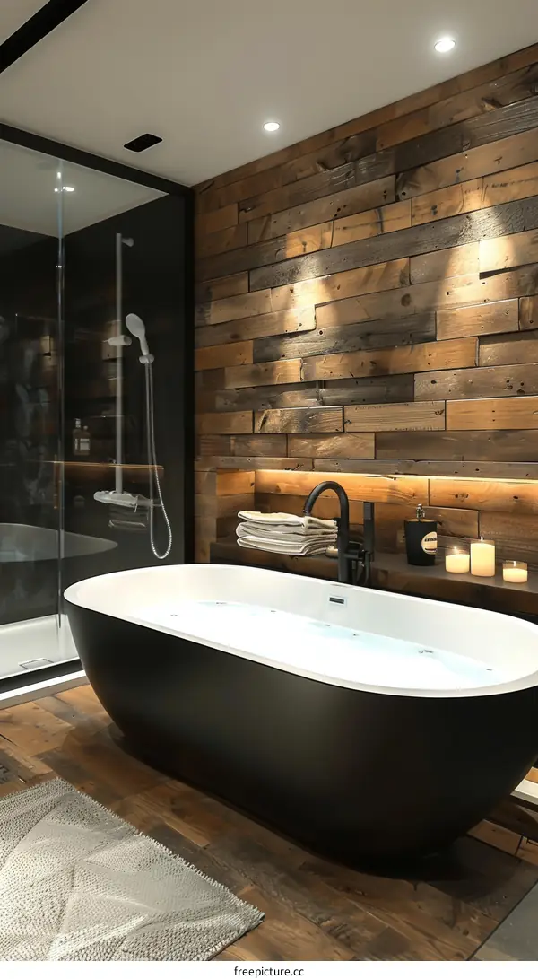 Modern Wooden Wall Bathroom with Black Bathtub
