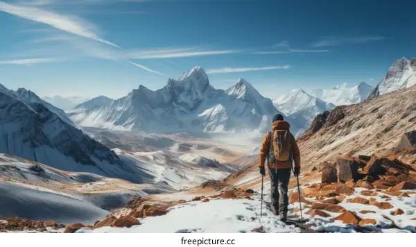 A lone hiker traverses a snowy mountain landscape with a majestic mountain in the distance