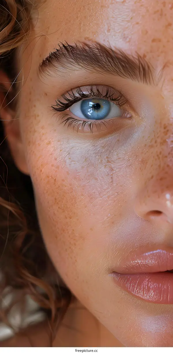 Close-up portrait of a young woman with freckles and blue eyes