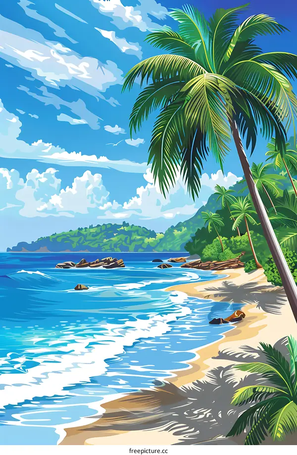 Tropical Beach with Palm Trees and Blue Sky