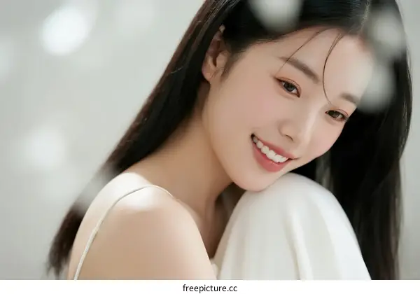 A Young Woman with Long Black Hair Smiling Gently