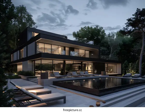 Modern Black House with Swimming Pool and Landscaping