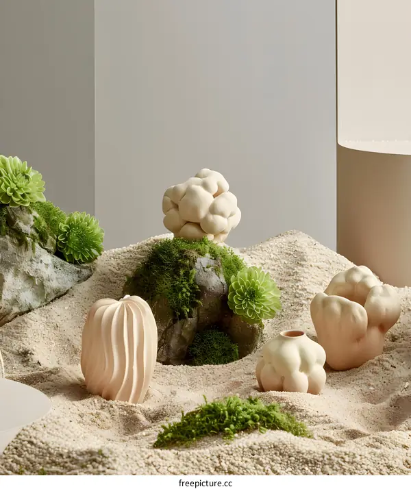 Abstract Ceramic Vases on Sand and Moss Background