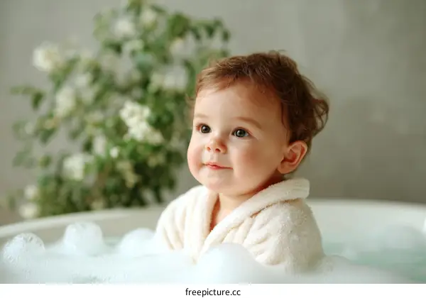 Baby Taking a Bath in a White Bubble Tub