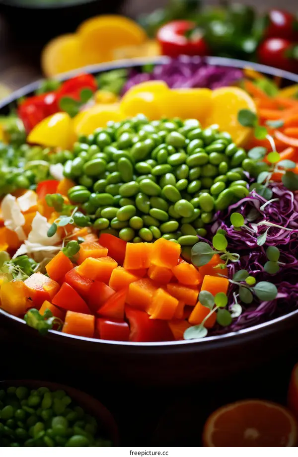 Colorful Vegetable Salad with Bell Peppers, Red Cabbage, Carrots and Peas