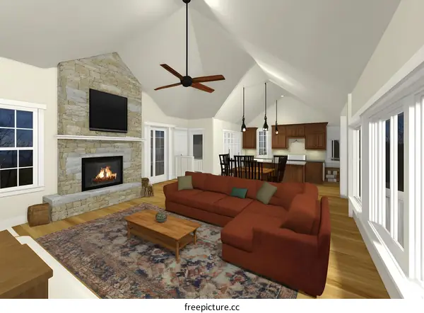Modern Living Room Design with Fireplace and Vaulted Ceiling
