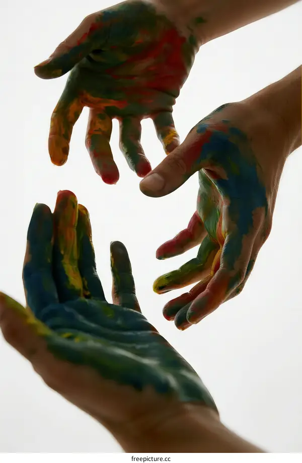 Colorful painted hands reaching out towards each other