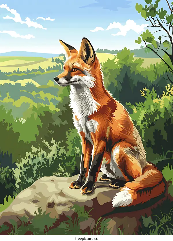 Fox Sitting On a Rock In a Forest