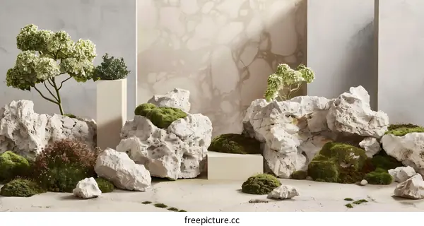 Minimalist Stone and Plant Arrangement with Green Moss