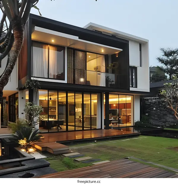 Modern House with Large Windows and Wooden Deck