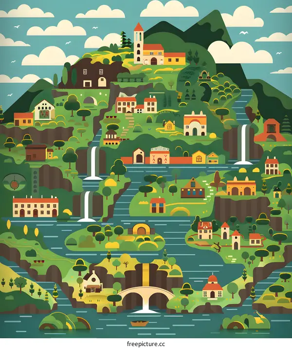 Waterfall Mountain Village Landscape Illustration