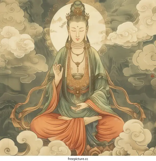 An illustration of a Buddhist bodhisattva sitting in meditation