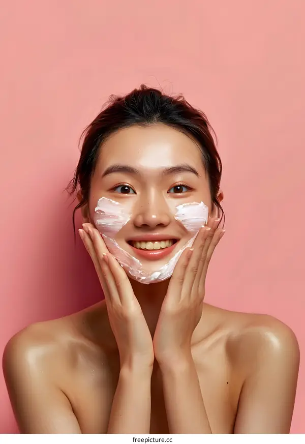 Smiling Asian Woman Applying Facial Cleanser on Pink Background