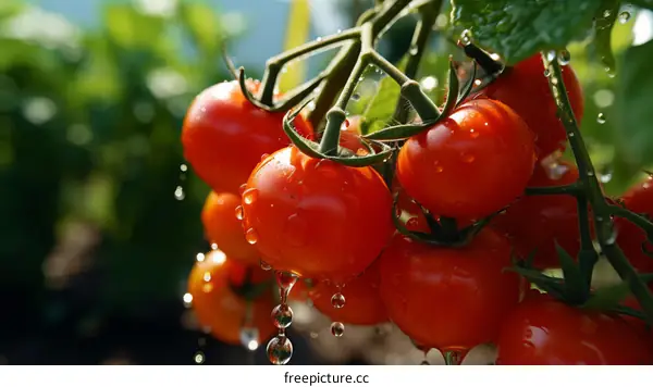 Close-up of ripe tomatoes on the vine with water drops