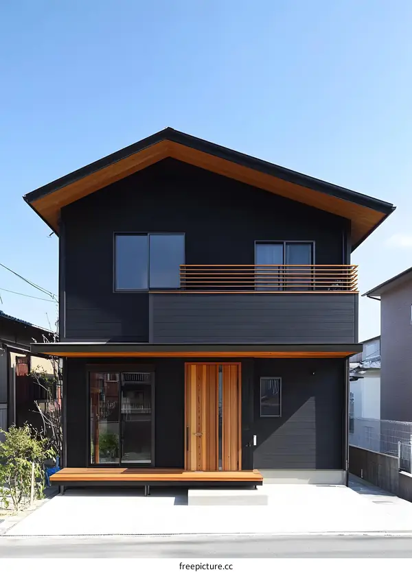 Modern Black and Wooden Exterior Design of a Two Story House