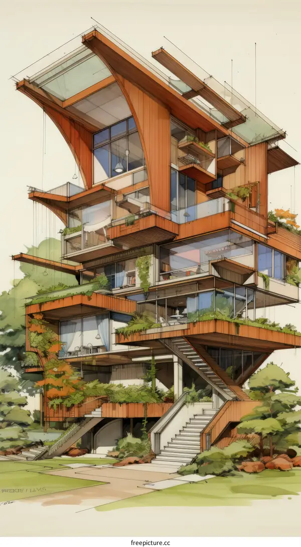 futuristic multilevel treehouse with glass walls and large terrace