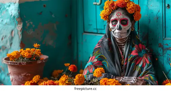 A woman wearing a traditional Mexican skull face paint and a flower headdress.