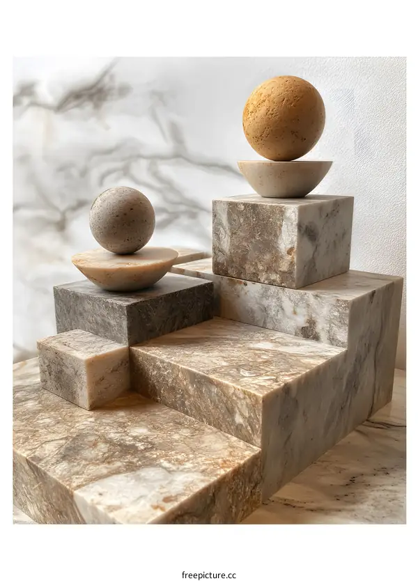 Marble Sculpture With Geometric Shapes and Balanced Spheres