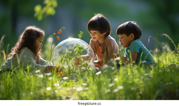 Three children are looking at a plant inside a glass dome in a field
