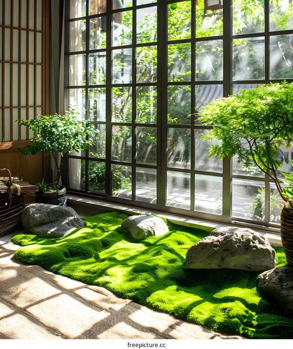 Green Artificial Grass Carpet With Rocks In Front Of Large Window With View Of Trees And Sunlight