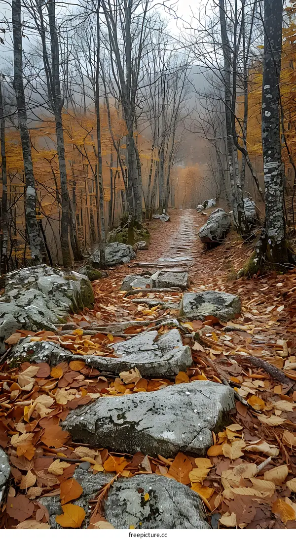 Autumn Forest Trail With Stones And Fallen Leaves