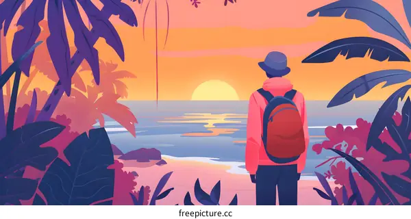 Tropical Sunset with a Man Looking at the Ocean