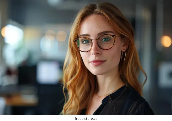 Closeup Portrait of a Woman with Glasses in Office Environment
