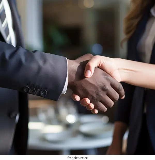 Business handshake between a black man and a white woman