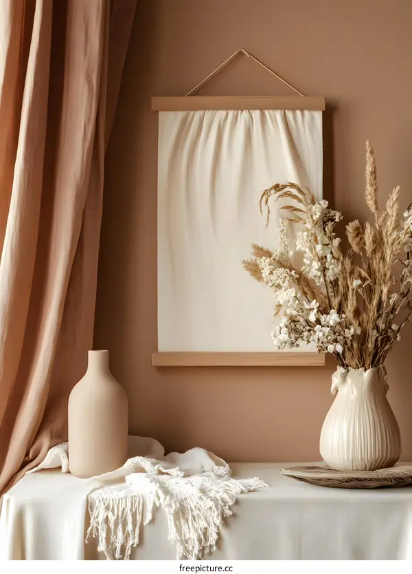 Beige Home Decor with Dried Flowers and a Wooden Frame