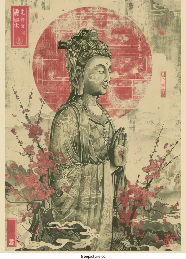 Avalokiteshvara Bodhisattva with Cherry Blossom Illustration