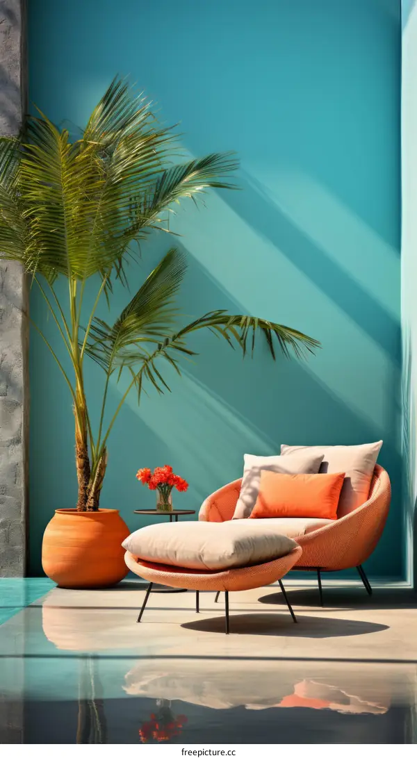 Blue wall with orange lounge chair and potted palm tree