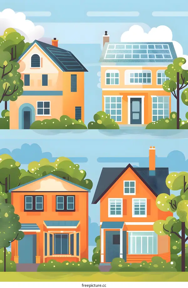 Illustration of Houses with Solar Panels