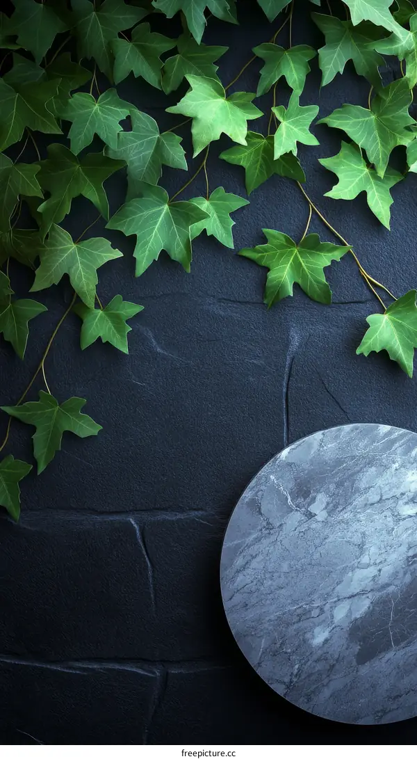Dark Stone Background with Greenery and Round Platter
