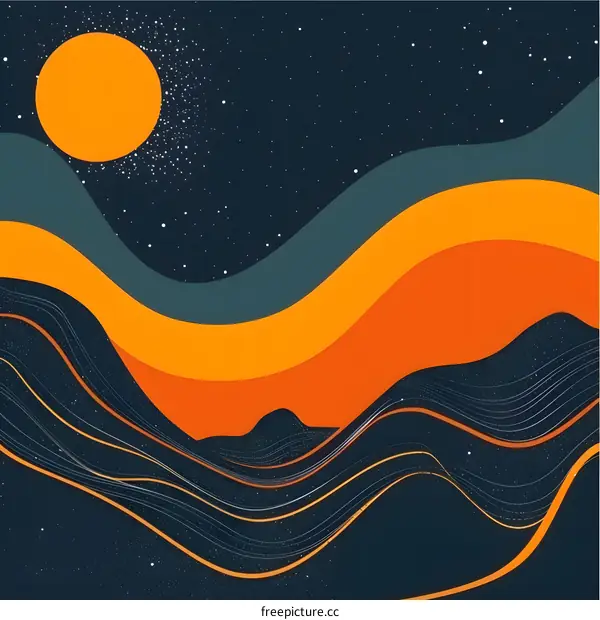 Abstract Mountain Landscape With Sun And Stars