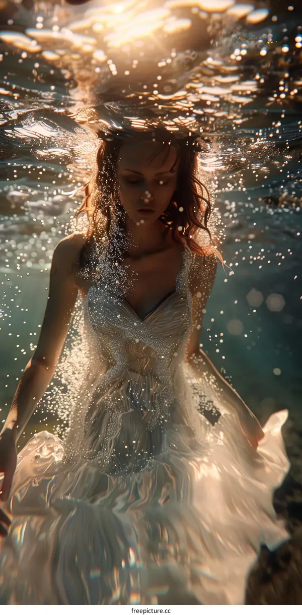 Woman in White Dress Floating Underwater
