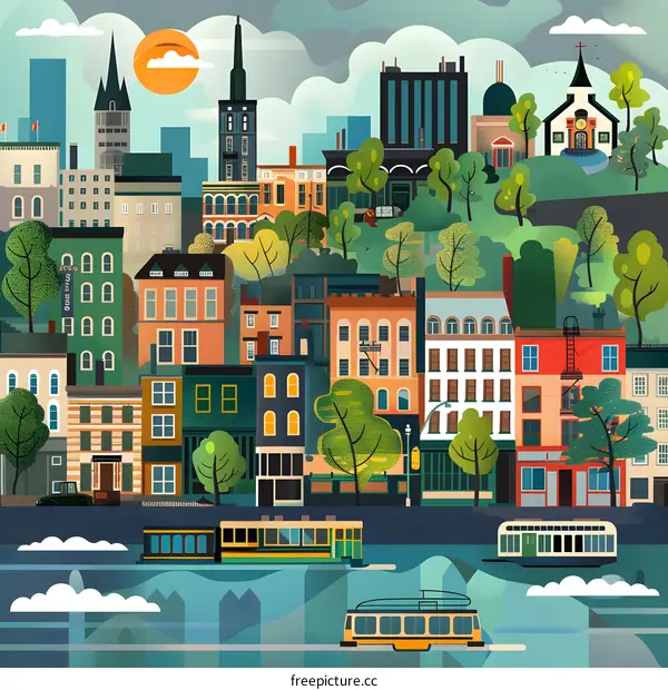 Illustration of a Colorful Cityscape with Tram Cars