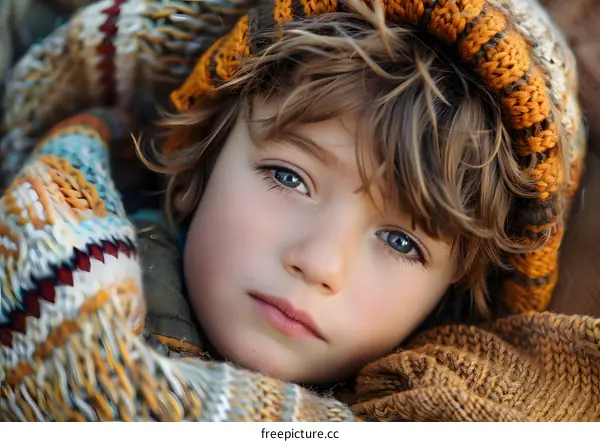 Portrait of a cute caucasian boy with blue eyes wrapped in a blanket